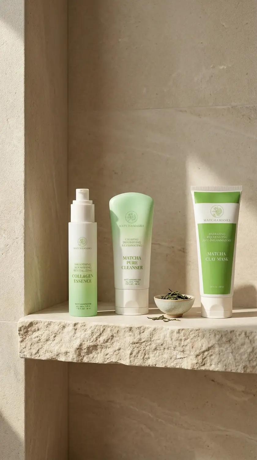 Matcha Pure Cleanser, Matcha Clay Mask and Collagen Essence on a stone shelf