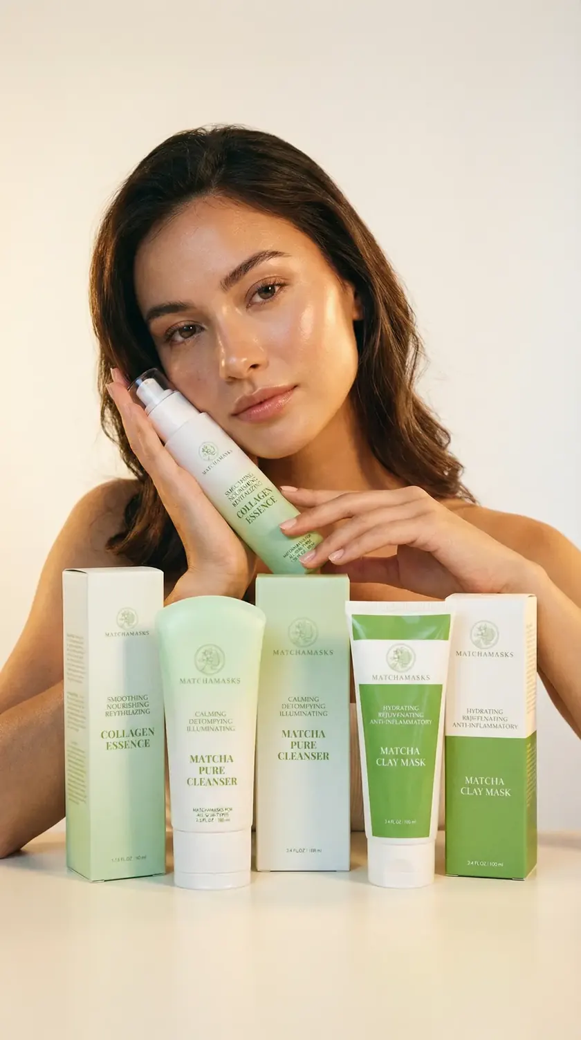 Woman holding Collagen Essence beside the Matcha Ritual