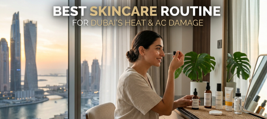Best Skincare Routine for Dubai's Heat and AC Damage- read more on our blog section www.matchamasks.com