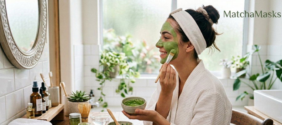matcha clay mask being applied to skin